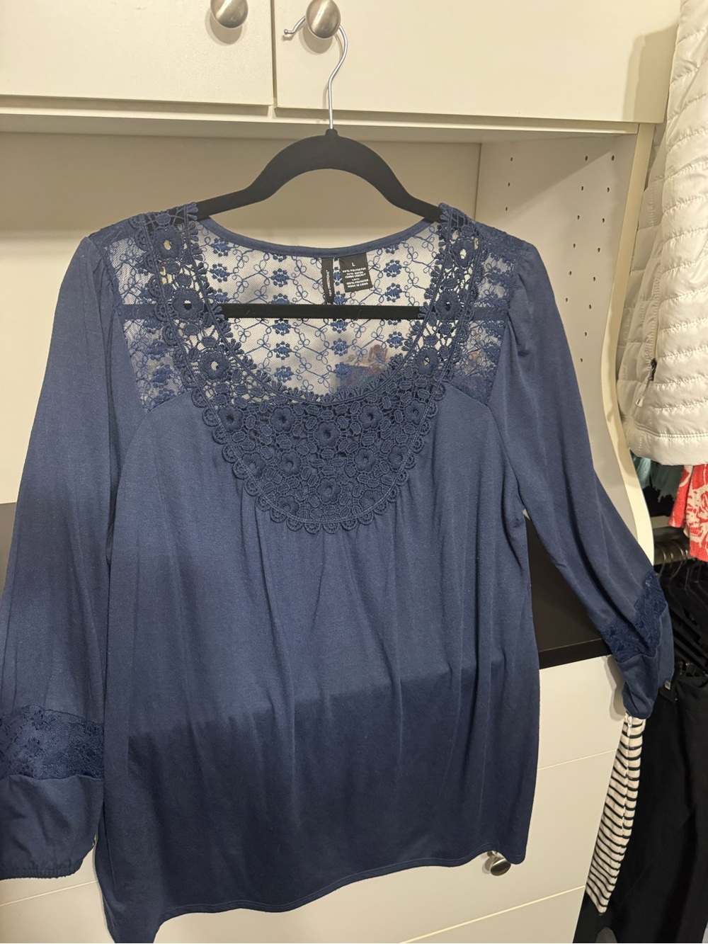 New Directions Navy Blue Lace Yoke Blouse